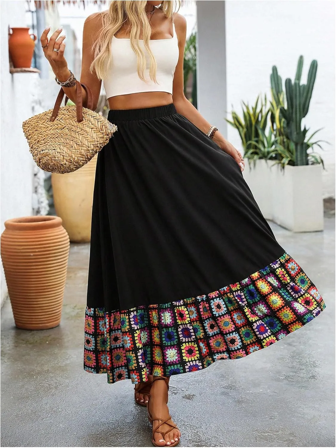 SweatyRocks Women's Floral Ruffle Maxi Skirts A Line High Waisted Vacation Boho Skirt