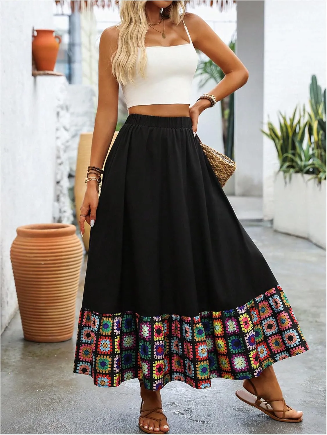 SweatyRocks Women's Floral Ruffle Maxi Skirts A Line High Waisted Vacation Boho Skirt