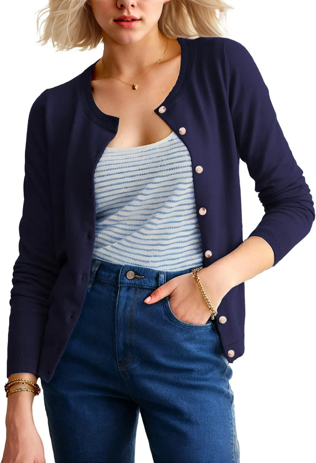 Tanou Womens Lightweight Cardigan Classic Casual Hollow Carved Long Sleeve Crew Neck Button Knit Cardigan Sweaters