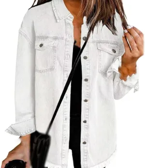 The Beauty North Denim Jacket, Casual Denim Button Down Distressed Jacket, Thebeautynorth Denim Jacket (White,L)