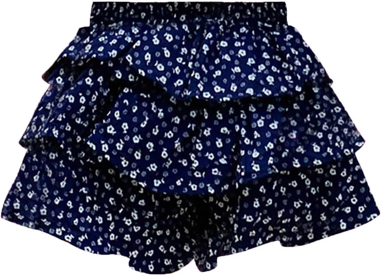 Toddler Girls Elastic Waist Mini Skort Flared Pleated Ruffle Short Tutu Skirts 2-Layer Ruffle Tiered Shorts