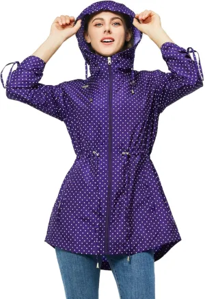 TRATENBY Rain-Jacket Women-Waterproof Lightweight-Packable Hood-Raincoat  Travel Windbreaker Coat in A Pouch Polka Dot