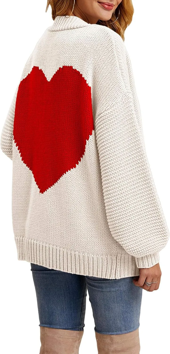 Tutorutor Womens Oversized Love Heart Pattern Print Open Front Cardigan Sweaters Casual Boho Valentine Loose Outwear Coat