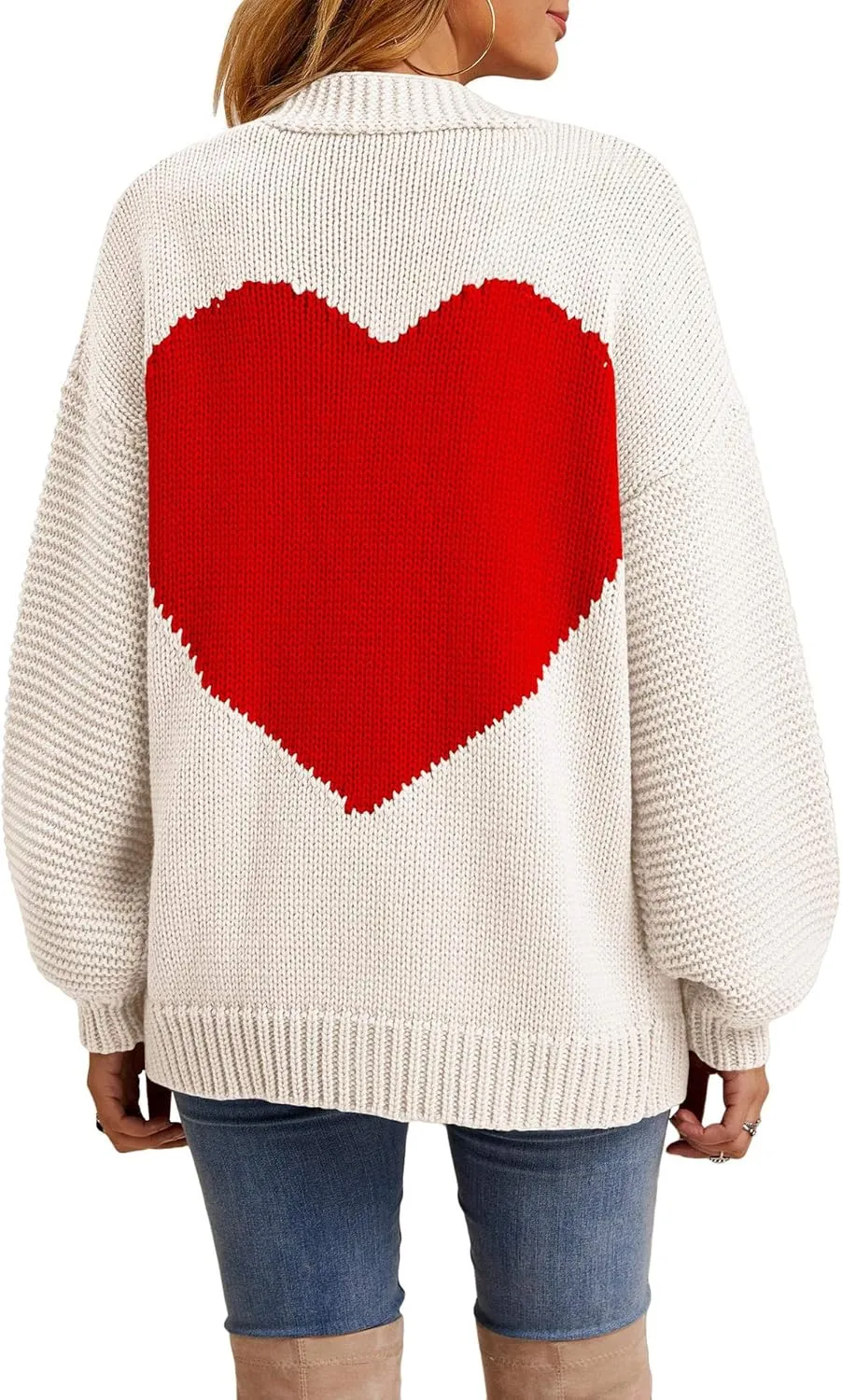 Tutorutor Womens Oversized Love Heart Pattern Print Open Front Cardigan Sweaters Casual Boho Valentine Loose Outwear Coat
