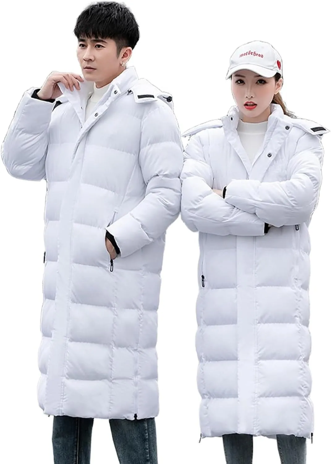 Unisex Men's Women's Long Puffer Jacket Thermal Cotton Padded Winter Coat with Detachable Hood