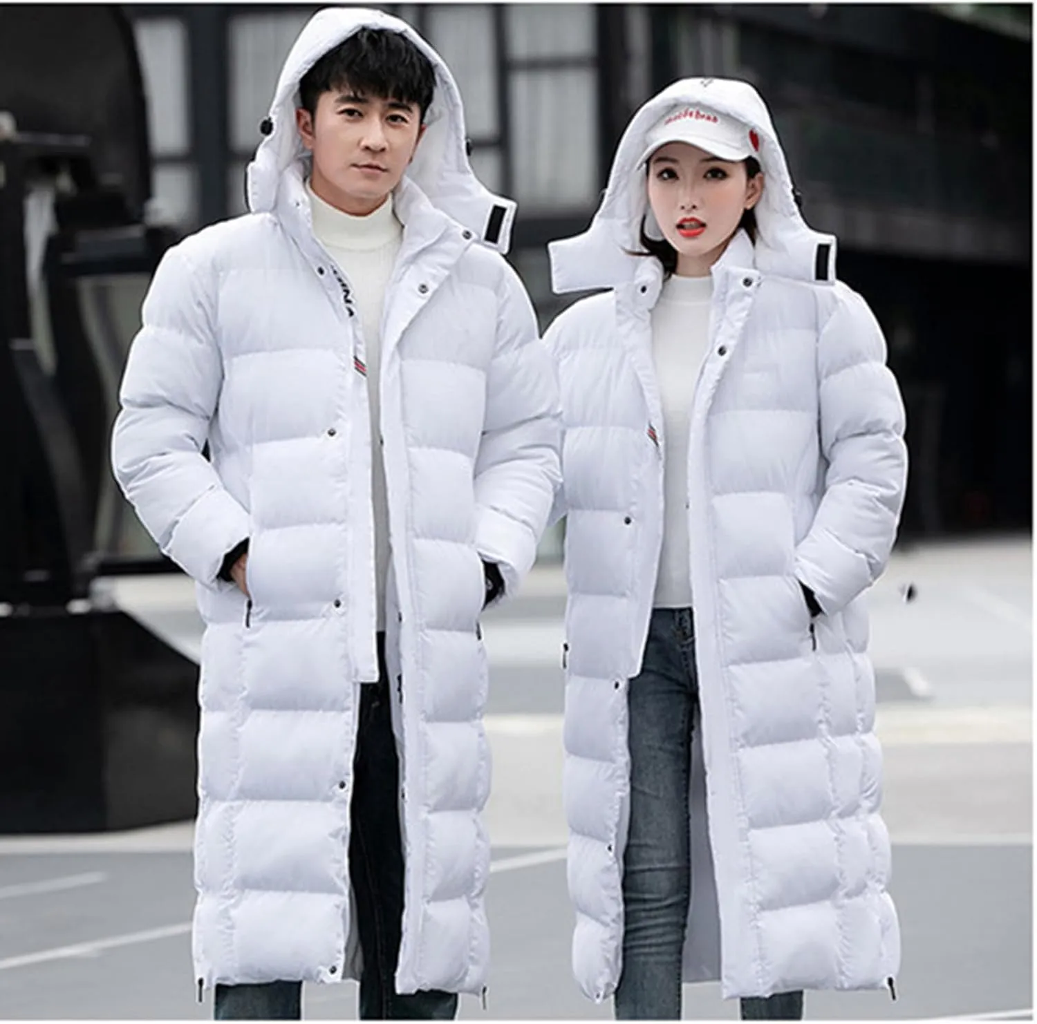 Unisex Men's Women's Long Puffer Jacket Thermal Cotton Padded Winter Coat with Detachable Hood