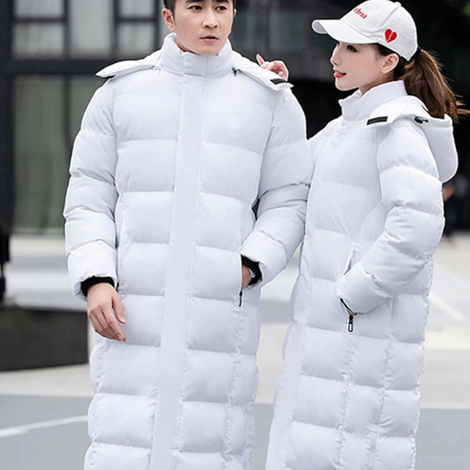 Unisex Men's Women's Long Puffer Jacket Thermal Cotton Padded Winter Coat with Detachable Hood