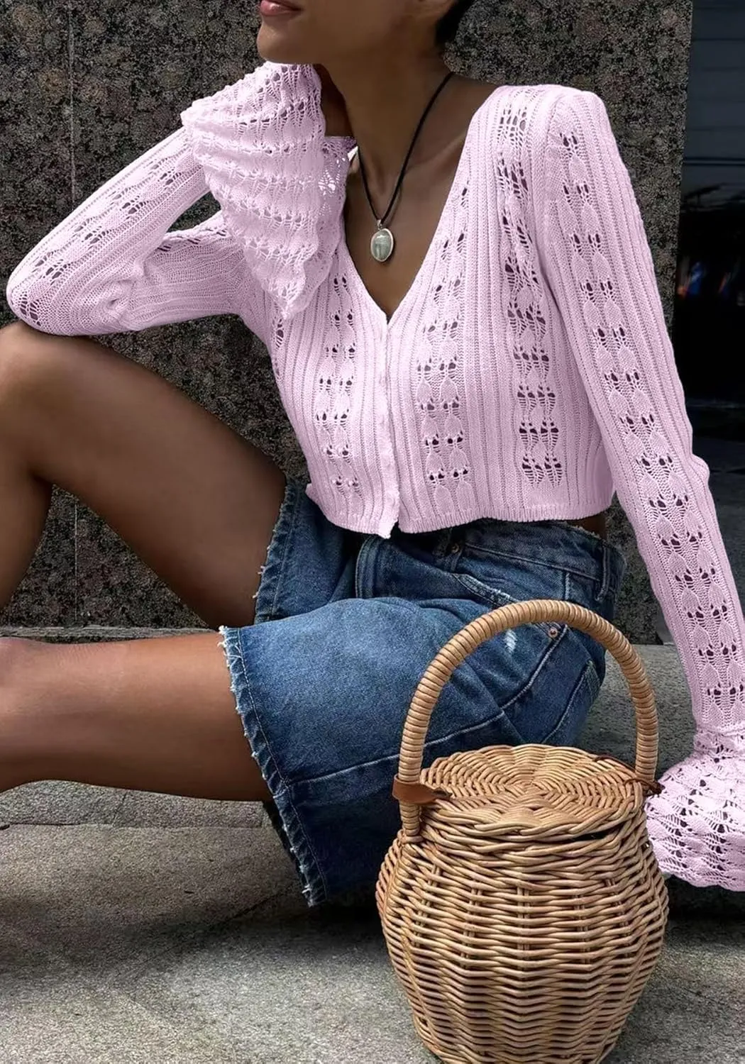 Unybwonn Long Cardigans for Women Crochet Hollow Out Knit Sweater Cover up Maxi Dress Long Sleeve Button Down Cardigan