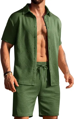 URRU Men's Shirt and Shorts Set Summer Outfits Short Sleeve Casual Button Down 2 Piece Shorts Set