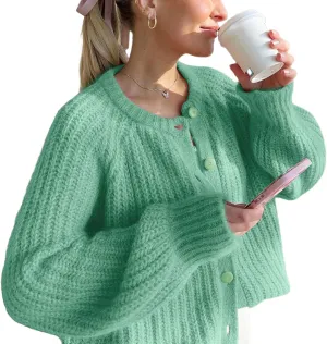 VDWIP Womens Cardigan Sweaters Button Down Chunky Knit Sweater Fall Loose Long Sleeve Cropped Cardigan