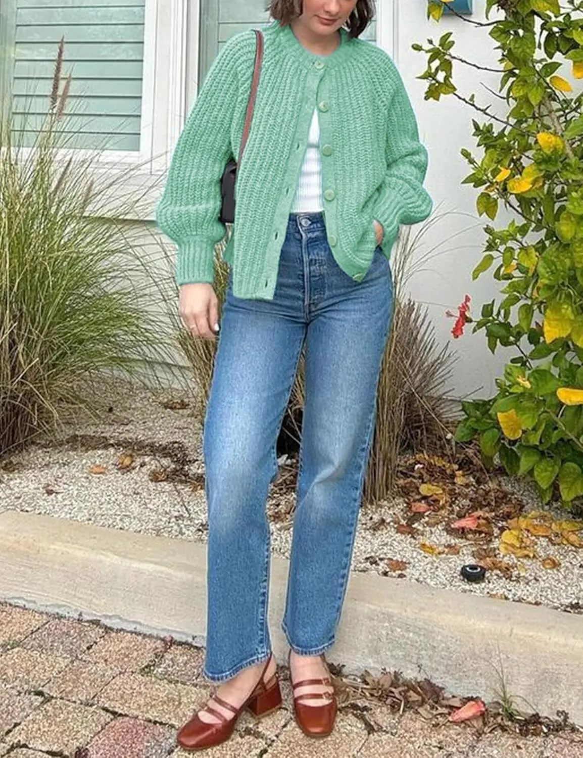 VDWIP Womens Cardigan Sweaters Button Down Chunky Knit Sweater Fall Loose Long Sleeve Cropped Cardigan