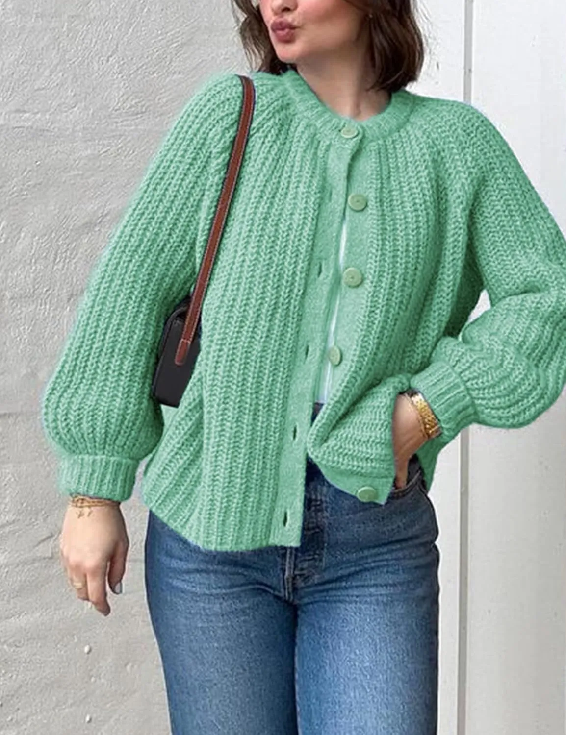 VDWIP Womens Cardigan Sweaters Button Down Chunky Knit Sweater Fall Loose Long Sleeve Cropped Cardigan