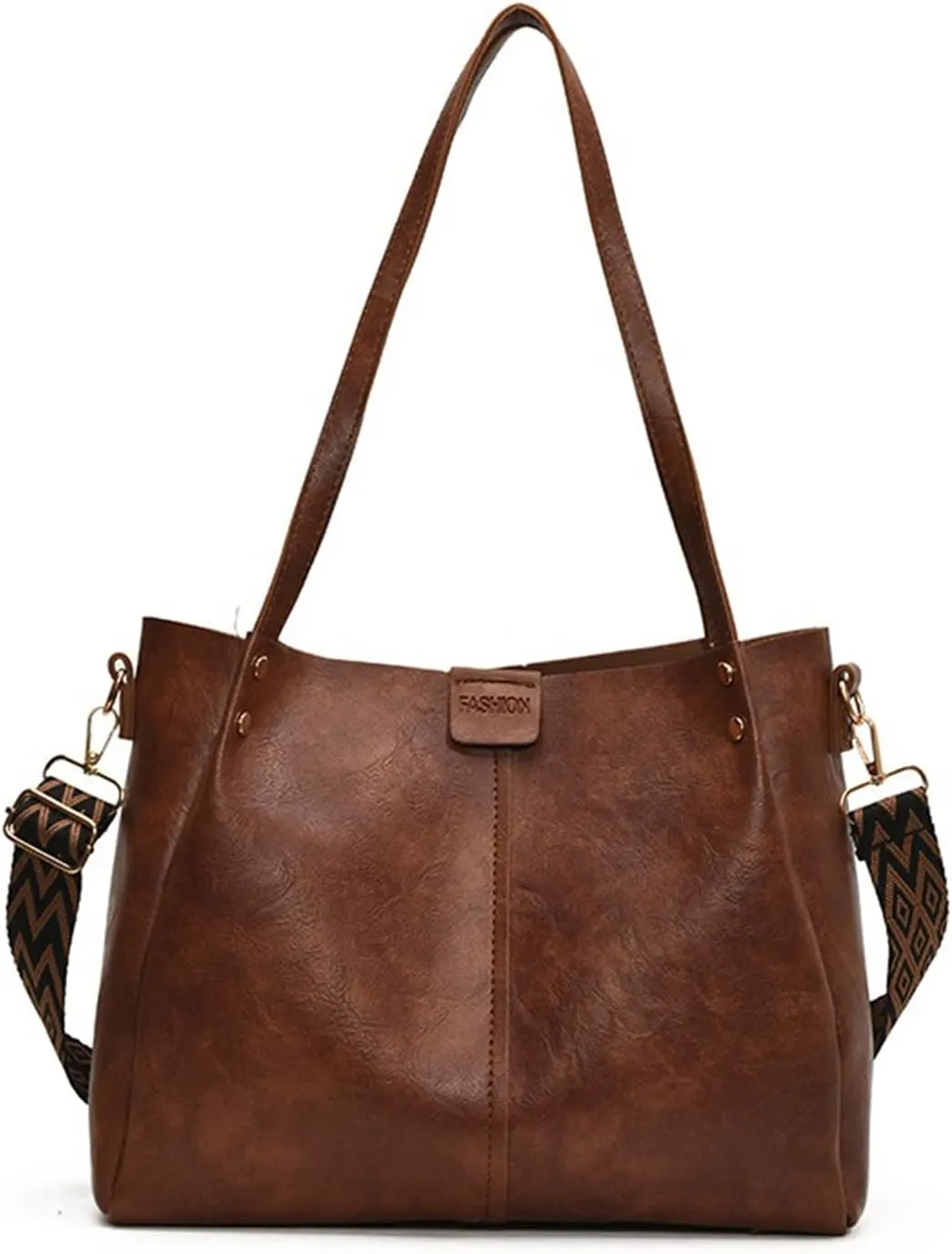 Vegan Leather Vintage Tote Bag Retro Crossbody Bucket Silhouette Shoulder Handbag Open Top Slouchy Travel Purse