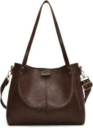 Vegan Leather Vintage Tote Bag Retro Crossbody Bucket Silhouette Shoulder Handbag Open Top Slouchy Travel Purse