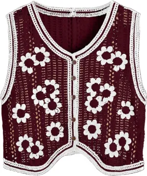 Verdusa Women's Button Front Sleeveless V Neck Crochet Embroidered Knit Sweater Short Vest