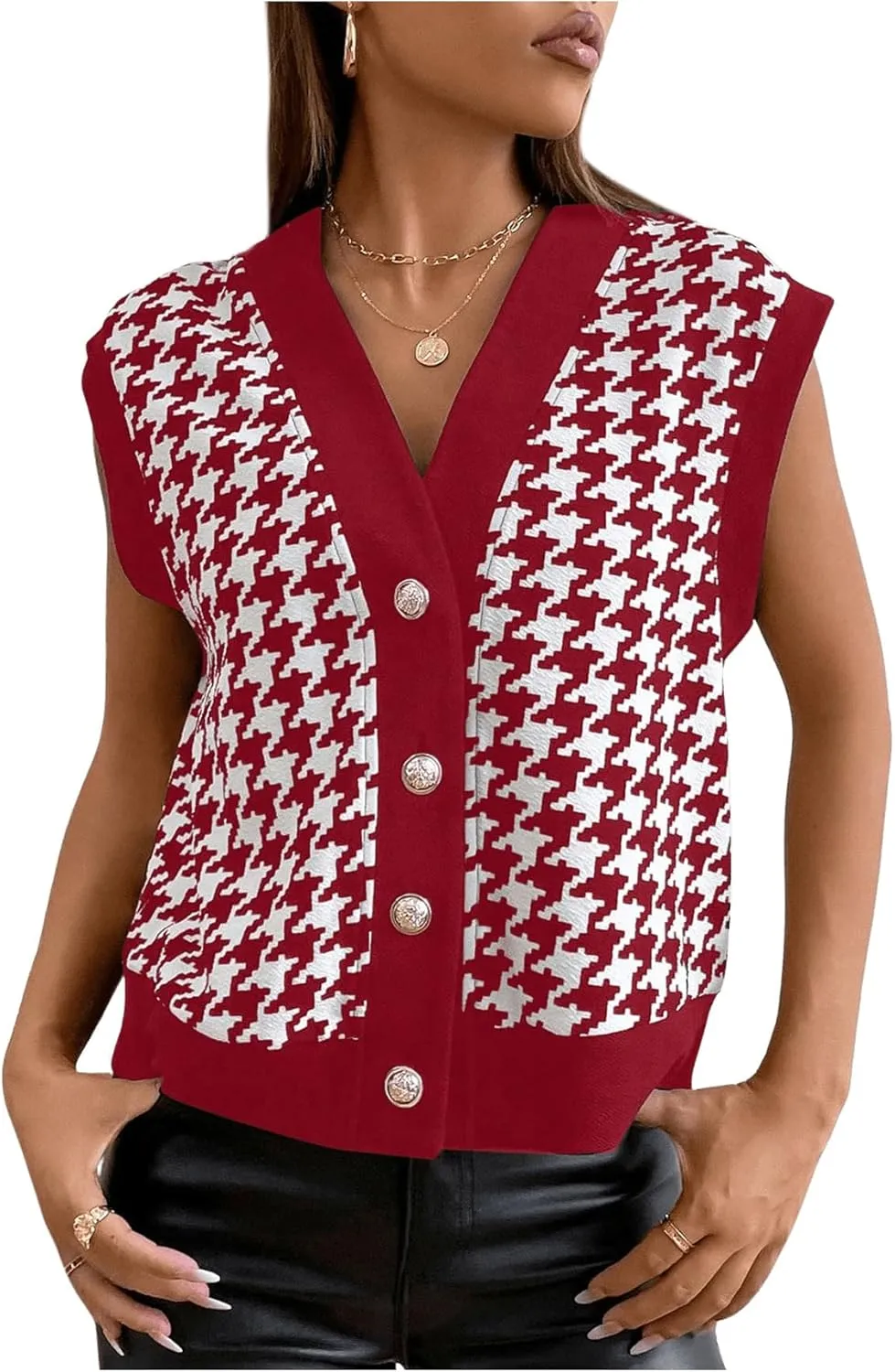 Verdusa Women's Button Front V Neck Sleeveless Houndstooth Print Jacket Lightweight Cardigan Vest