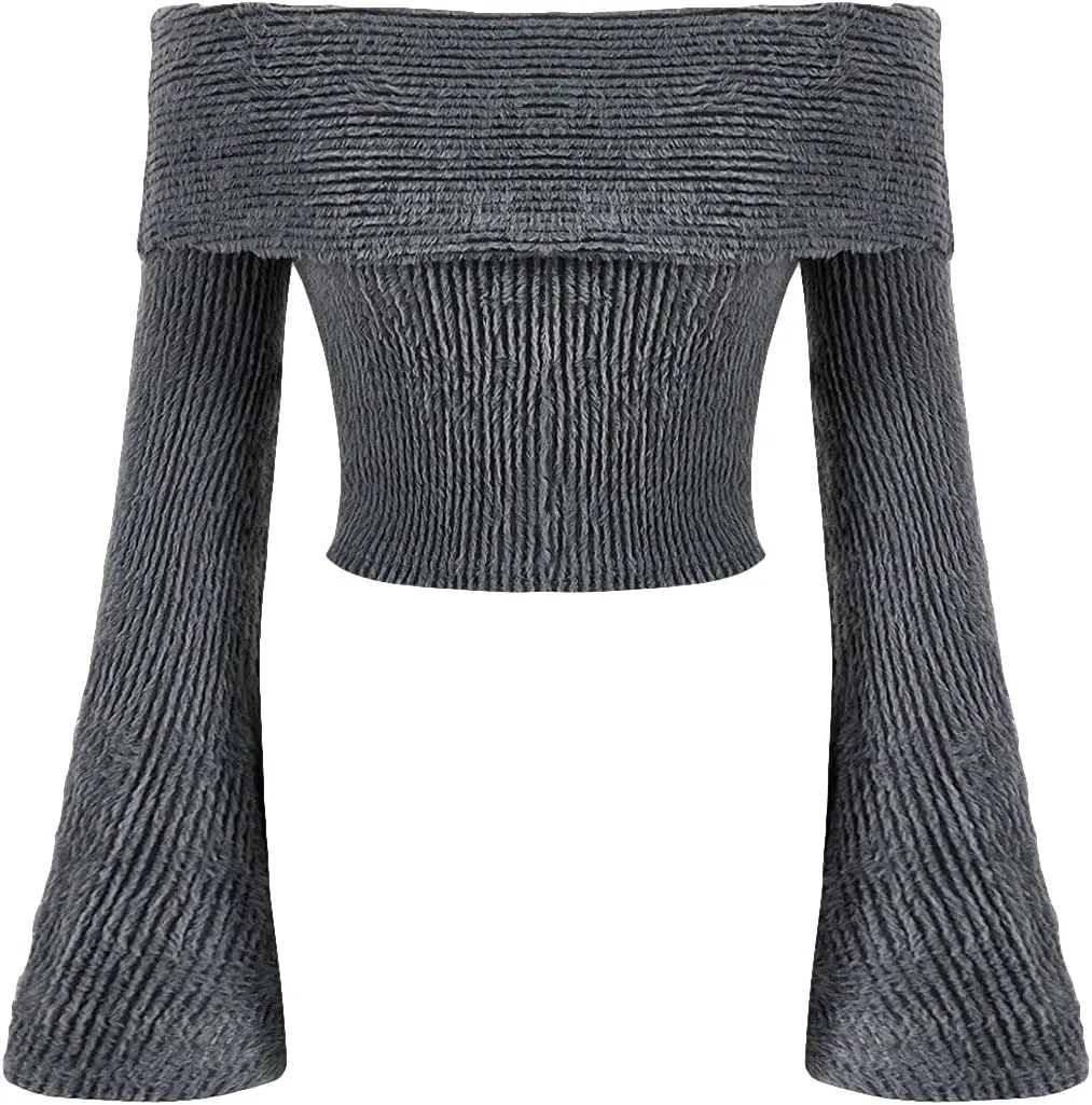 Verdusa Women's Off The Shoulder Sweater Bell Long Sleeve Slim Fitted Crop Tee Top