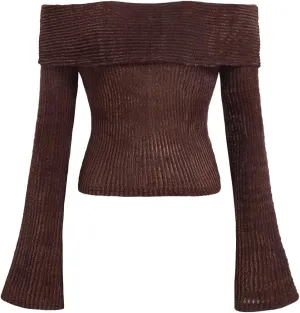 Verdusa Women's Off The Shoulder Sweater Bell Long Sleeve Slim Fitted Crop Tee Top