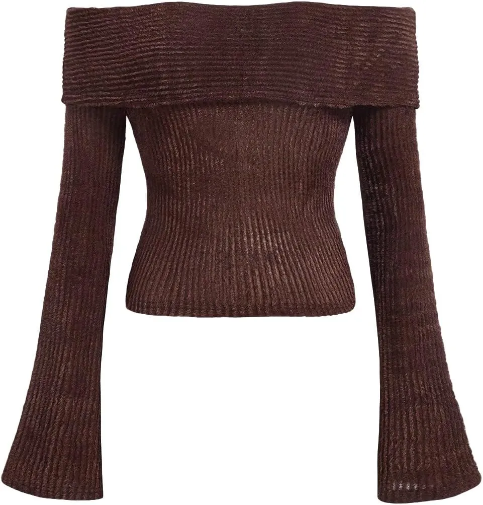 Verdusa Women's Off The Shoulder Sweater Bell Long Sleeve Slim Fitted Crop Tee Top