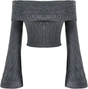 Verdusa Women's Off The Shoulder Sweater Bell Long Sleeve Slim Fitted Crop Tee Top