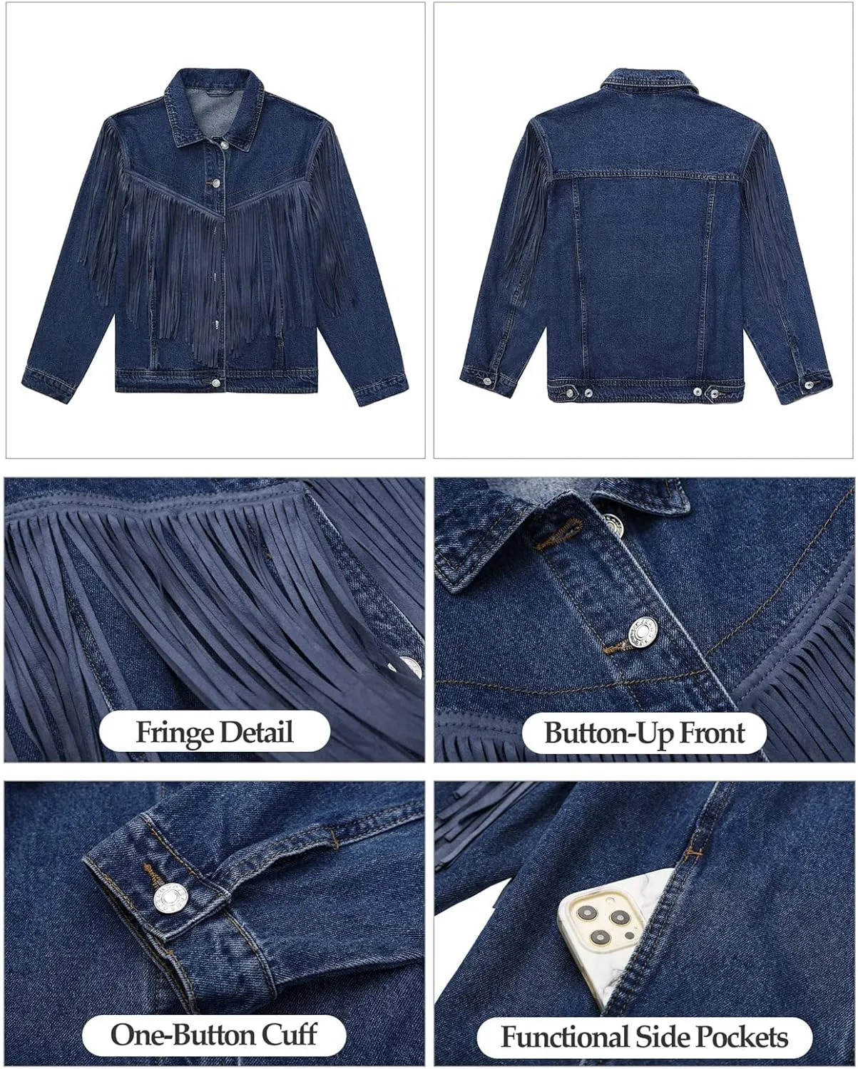 Vetinee Denim Jacket for Women Fringe Trucker Jean Jacket Distressed Western Cowgirl Shacket Jackets Coachella Festival