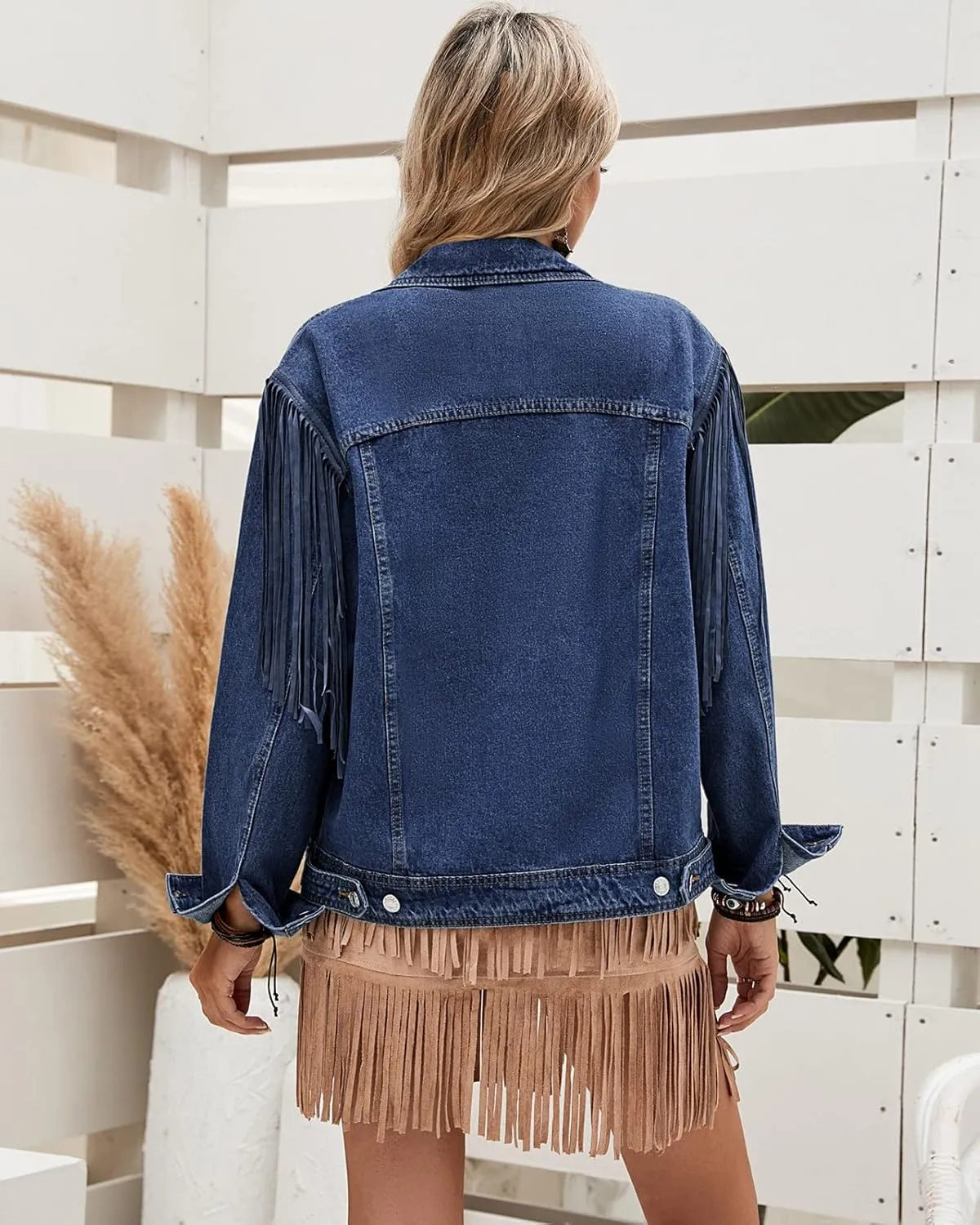 Vetinee Denim Jacket for Women Fringe Trucker Jean Jacket Distressed Western Cowgirl Shacket Jackets Coachella Festival