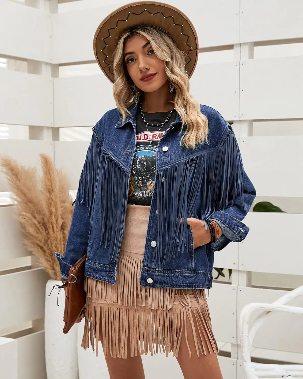 Vetinee Denim Jacket for Women Fringe Trucker Jean Jacket Distressed Western Cowgirl Shacket Jackets Coachella Festival