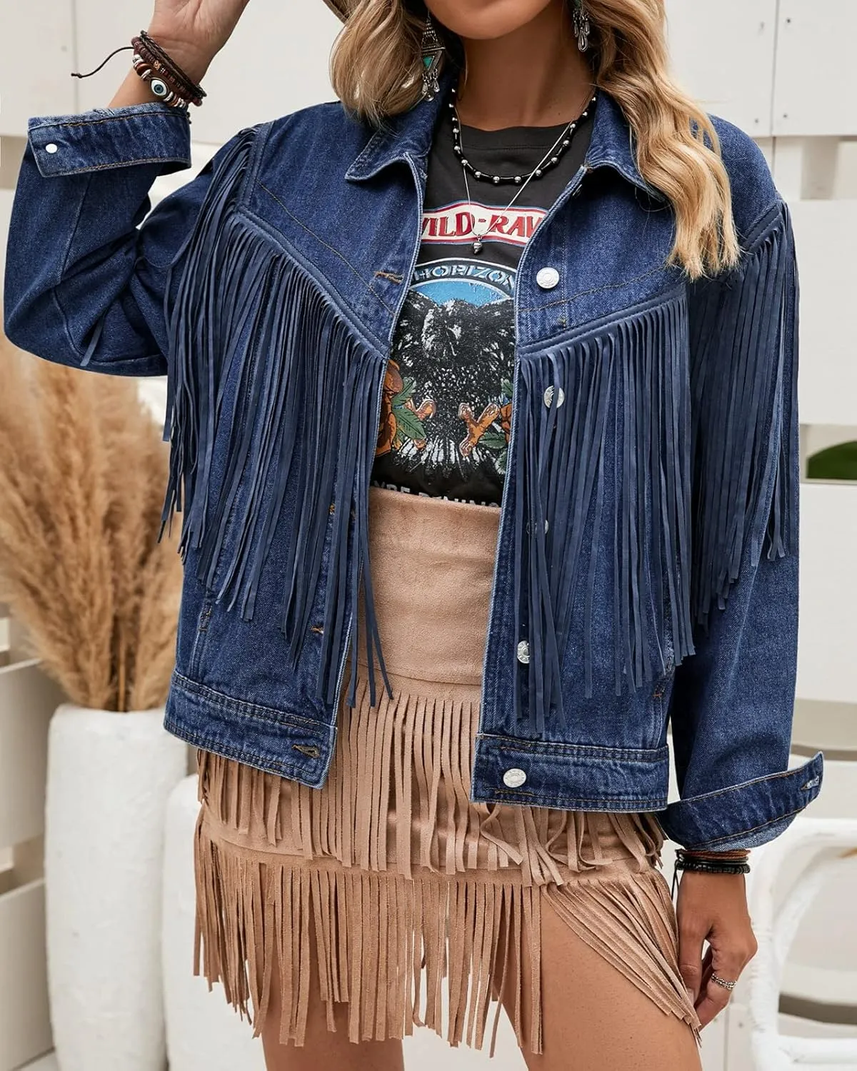 Vetinee Denim Jacket for Women Fringe Trucker Jean Jacket Distressed Western Cowgirl Shacket Jackets Coachella Festival
