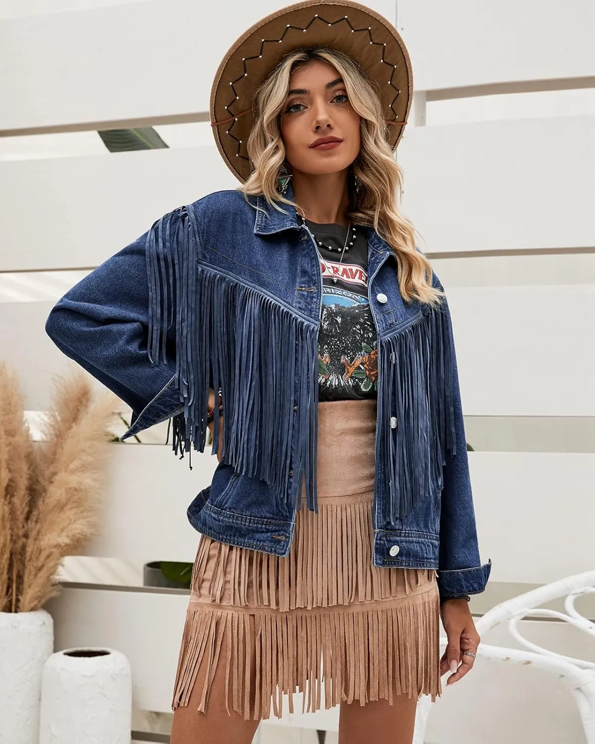 Vetinee Denim Jacket for Women Fringe Trucker Jean Jacket Distressed Western Cowgirl Shacket Jackets Coachella Festival