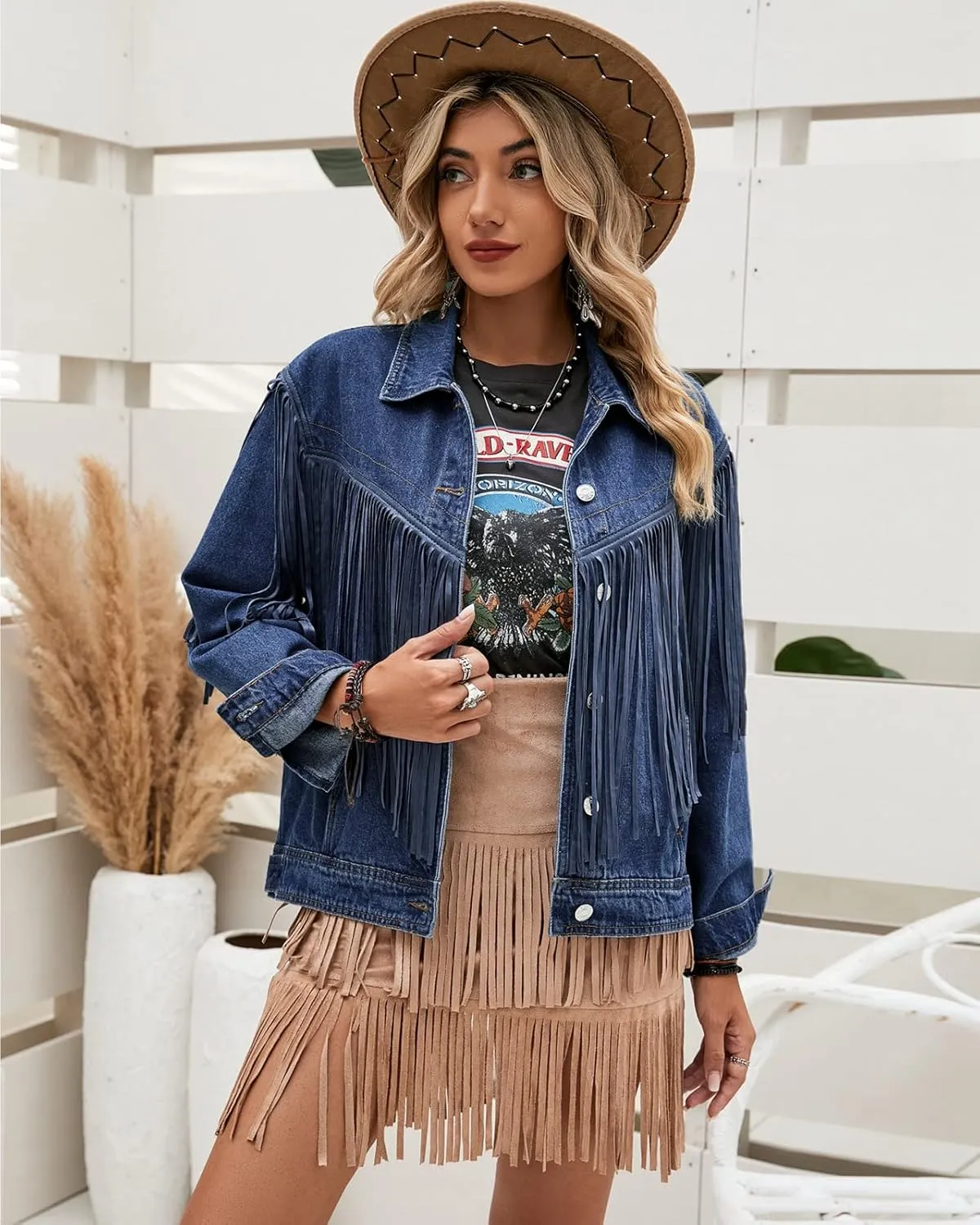 Vetinee Denim Jacket for Women Fringe Trucker Jean Jacket Distressed Western Cowgirl Shacket Jackets Coachella Festival