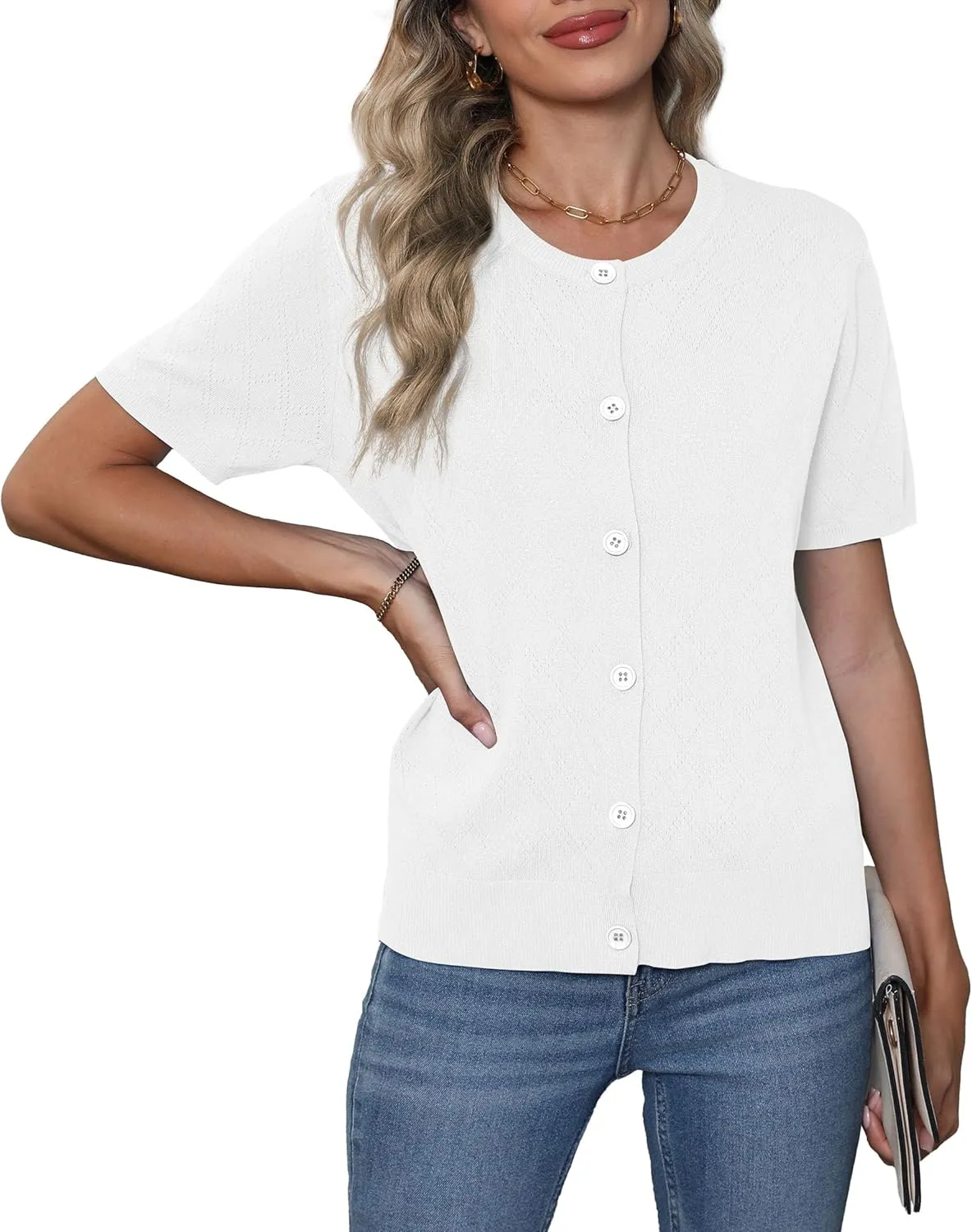 VIISHOW Women's Summer Lightweight Short Sleeve Cardigan Crochet Knit Shrug Open Front Crew Neck Button Up Casual Tops