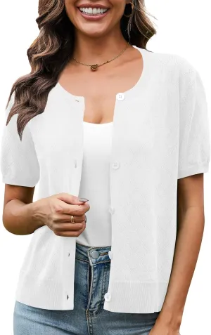 VIISHOW Women's Summer Lightweight Short Sleeve Cardigan Crochet Knit Shrug Open Front Crew Neck Button Up Casual Tops