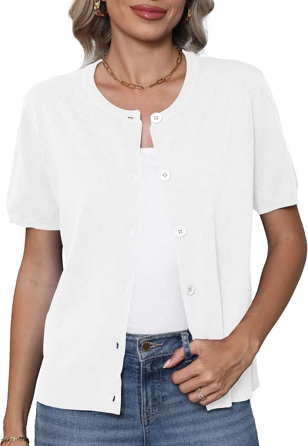 VIISHOW Women's Summer Lightweight Short Sleeve Cardigan Crochet Knit Shrug Open Front Crew Neck Button Up Casual Tops