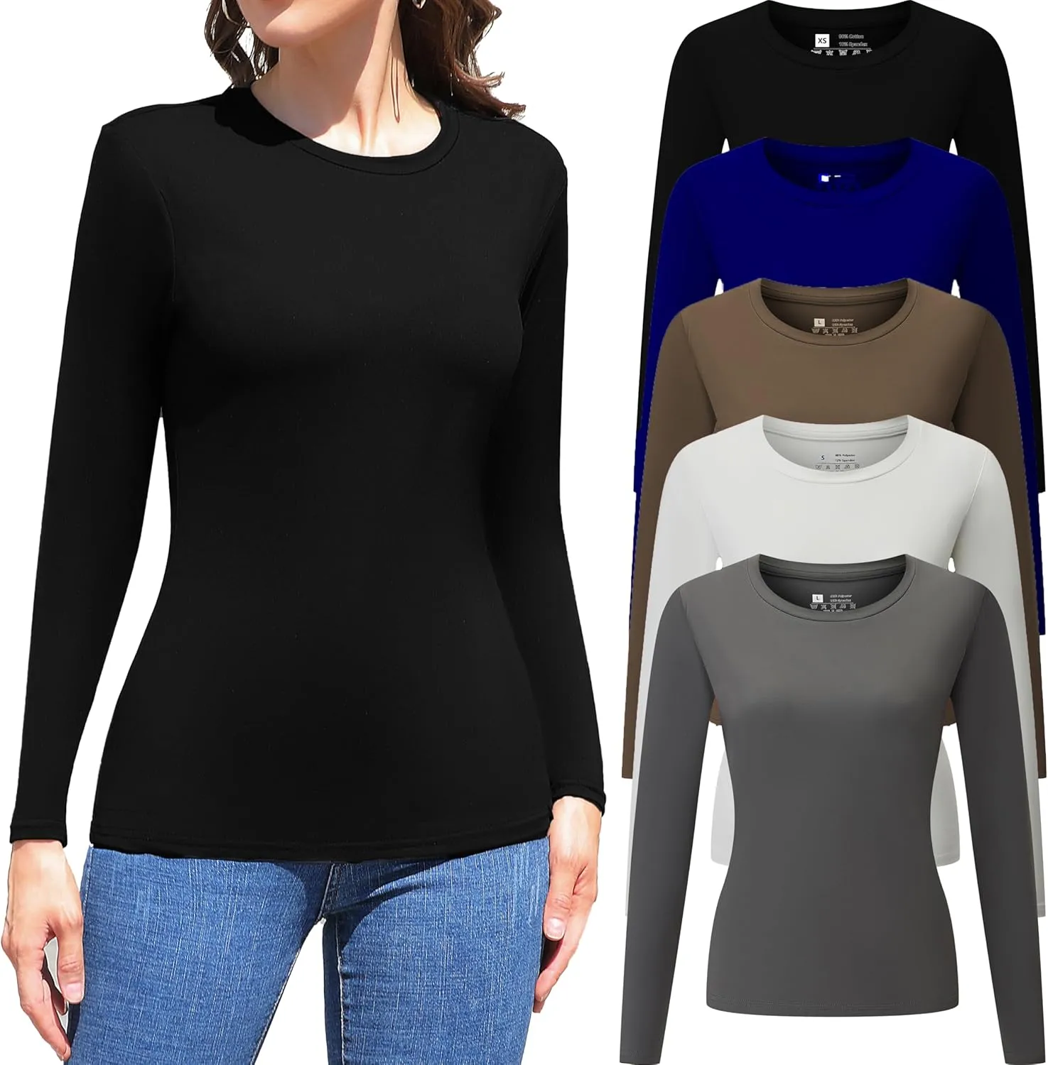 Vomidia 5 Piece Womens Crew Neck Long Sleeve Shirts Basic Tops Fall Fashion Layering Slim Fitted Y2k Tops
