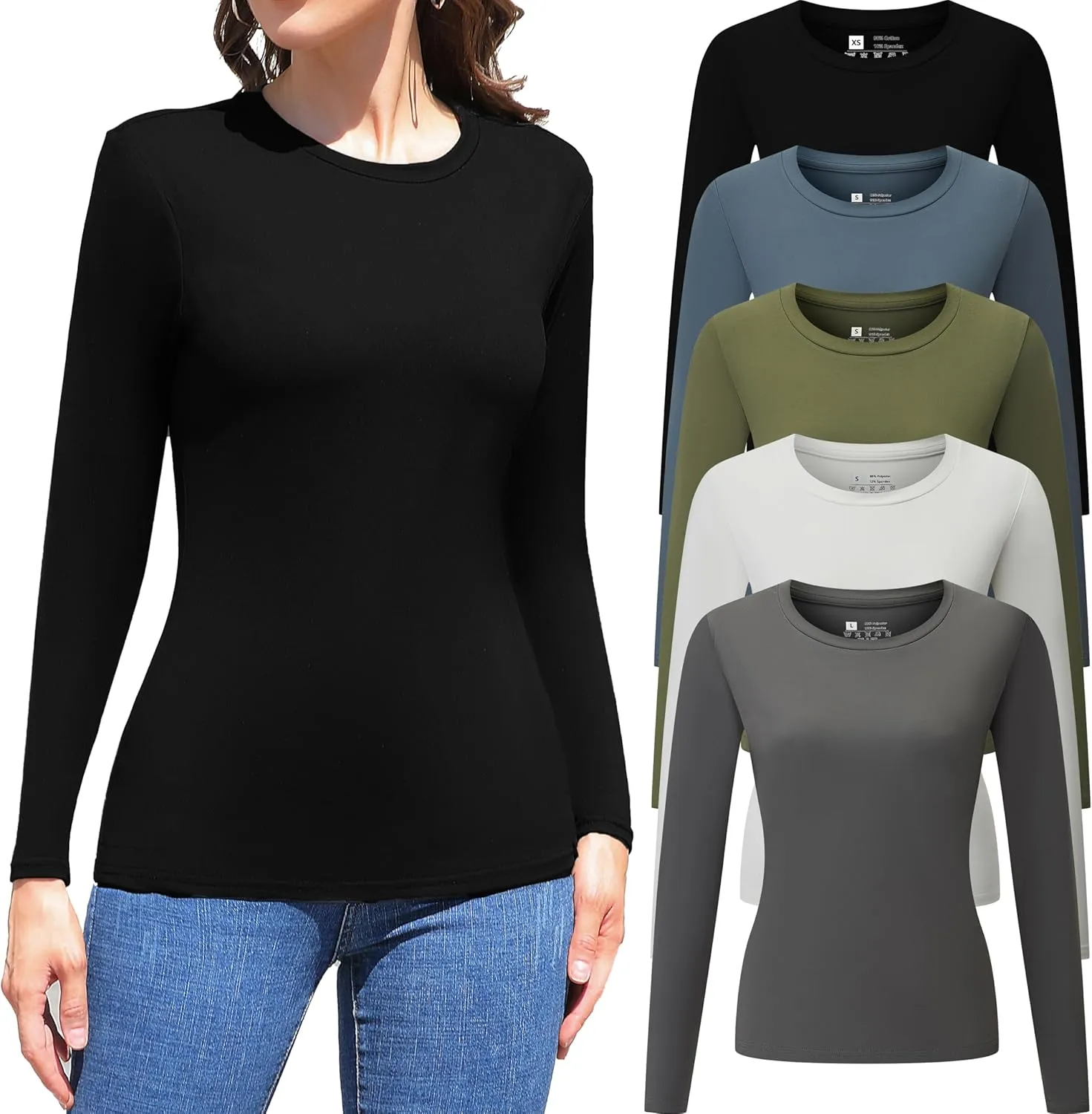 Vomidia 5 Piece Womens Crew Neck Long Sleeve Shirts Basic Tops Fall Fashion Layering Slim Fitted Y2k Tops