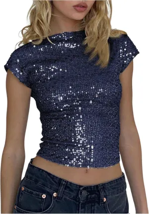 WDIRARA Women's Sequin Boat Neck Shirts Sparkle Glitter Backless Tee Cap Sleeve Crop Tops