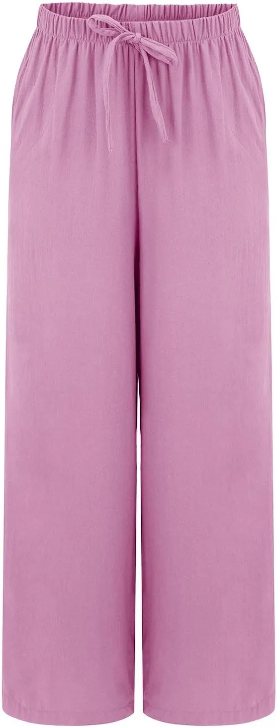 Wide Leg Linen Pants for Women Casual Drawstring High Waisted Palazzo Pants Lightweight Summer Flowy Beach Trousers