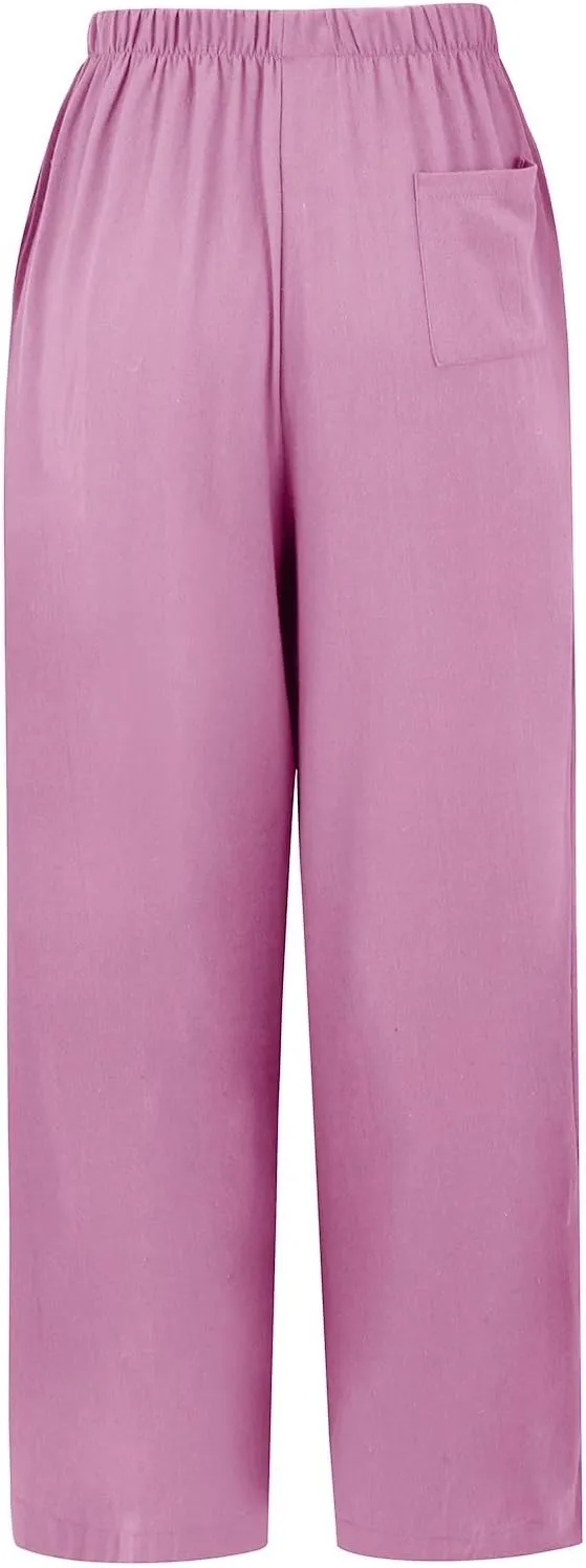 Wide Leg Linen Pants for Women Casual Drawstring High Waisted Palazzo Pants Lightweight Summer Flowy Beach Trousers