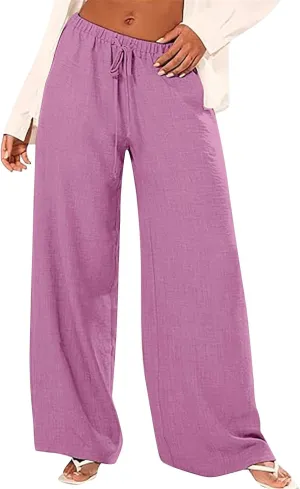 Wide Leg Linen Pants for Women Casual Drawstring High Waisted Palazzo Pants Lightweight Summer Flowy Beach Trousers