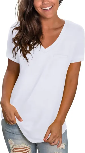 WIHOLL Womens Tops Short Sleeve V Neck Tshirts with Mock Up Pocket Fahion Summer Clothes Loose Fit
