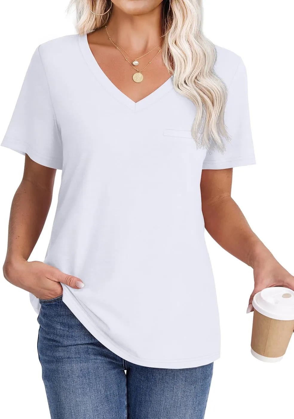 WIHOLL Womens Tops Short Sleeve V Neck Tshirts with Mock Up Pocket Fahion Summer Clothes Loose Fit