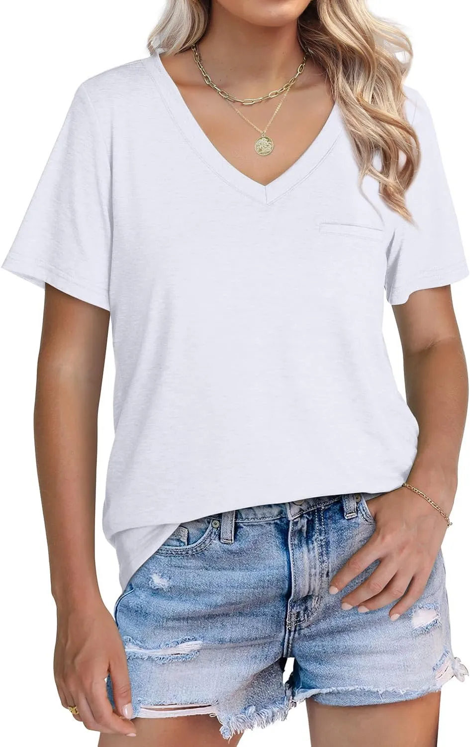 WIHOLL Womens Tops Short Sleeve V Neck Tshirts with Mock Up Pocket Fahion Summer Clothes Loose Fit