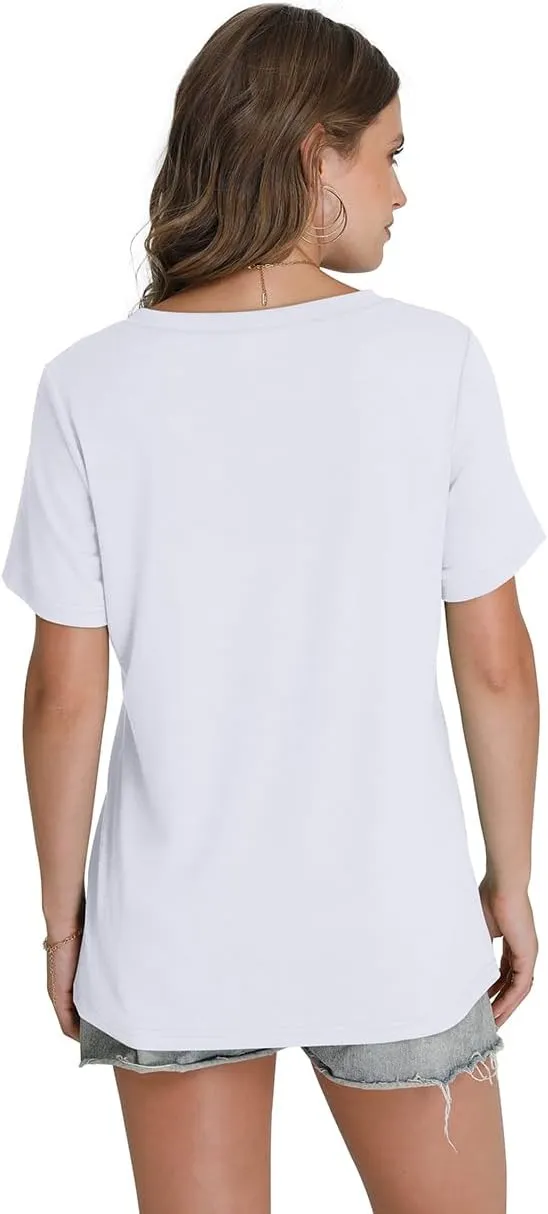 WIHOLL Womens Tops Short Sleeve V Neck Tshirts with Mock Up Pocket Fahion Summer Clothes Loose Fit