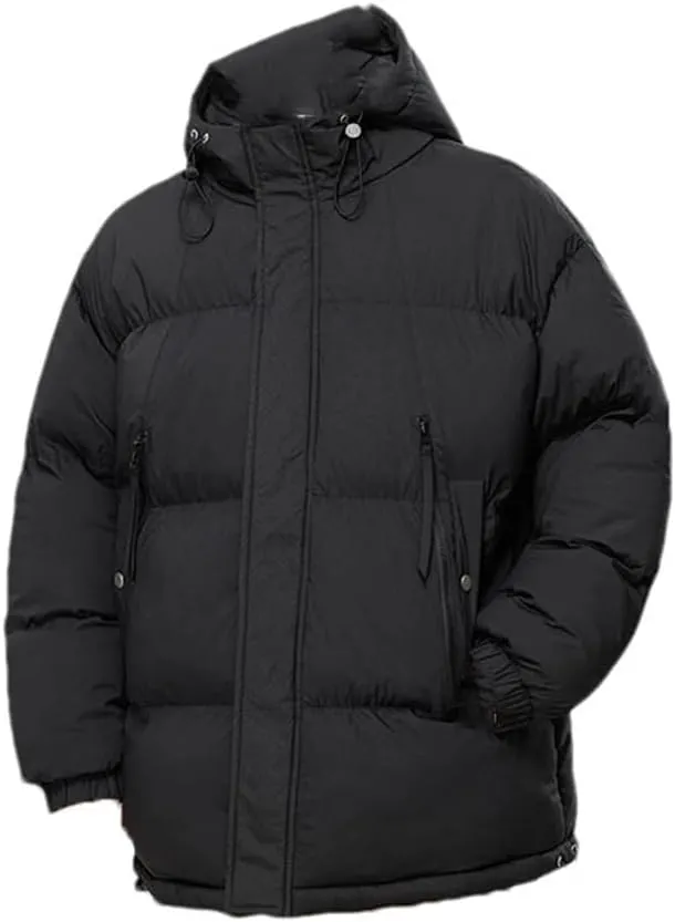 Winter Men Hooded Zip-Up Jacket Solid Cotton-Padded Unisex Thick Warm Vintage Coat