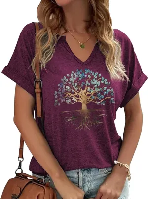 Woffccrd Womens V Neck T-Shirts Vintage Graphic Tees Sun and Moon Short Sleeve Vacation Funny Graphic Tee Tops