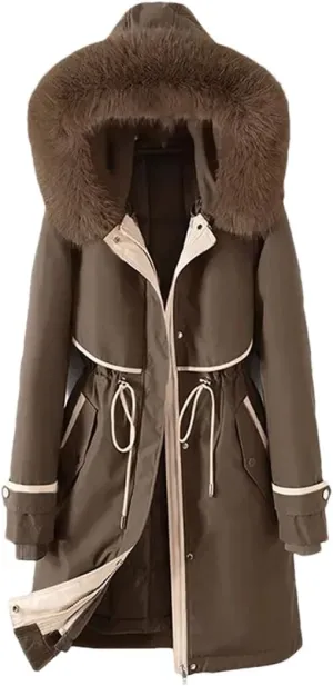 Woman Parker Cotton-Padded Jacket Long Liner Detachable Coat Waist Thick Warm Cotton-Padded Jacket Outwear Brown XXL
