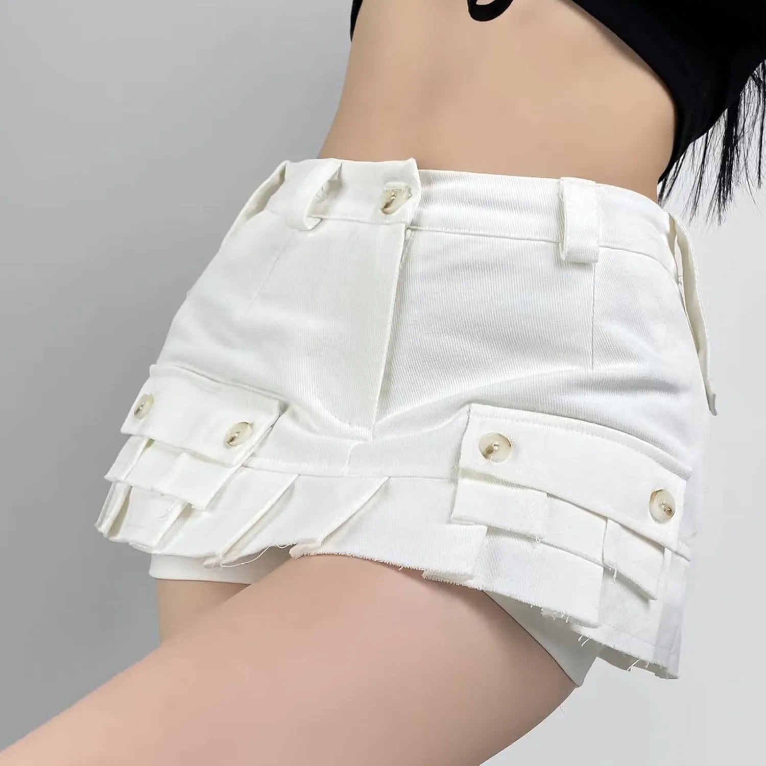 Women A Line Mini Denim Shorts Fashion Summer Casual Solid High Waisted Pleated Ruffle Hem Jean Short Lining Skirt