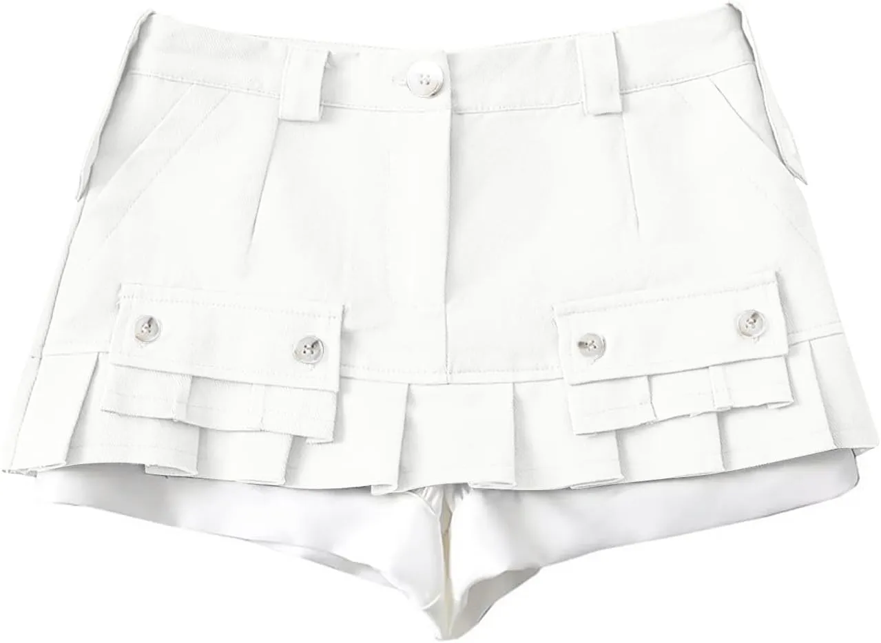 Women A Line Mini Denim Shorts Fashion Summer Casual Solid High Waisted Pleated Ruffle Hem Jean Short Lining Skirt