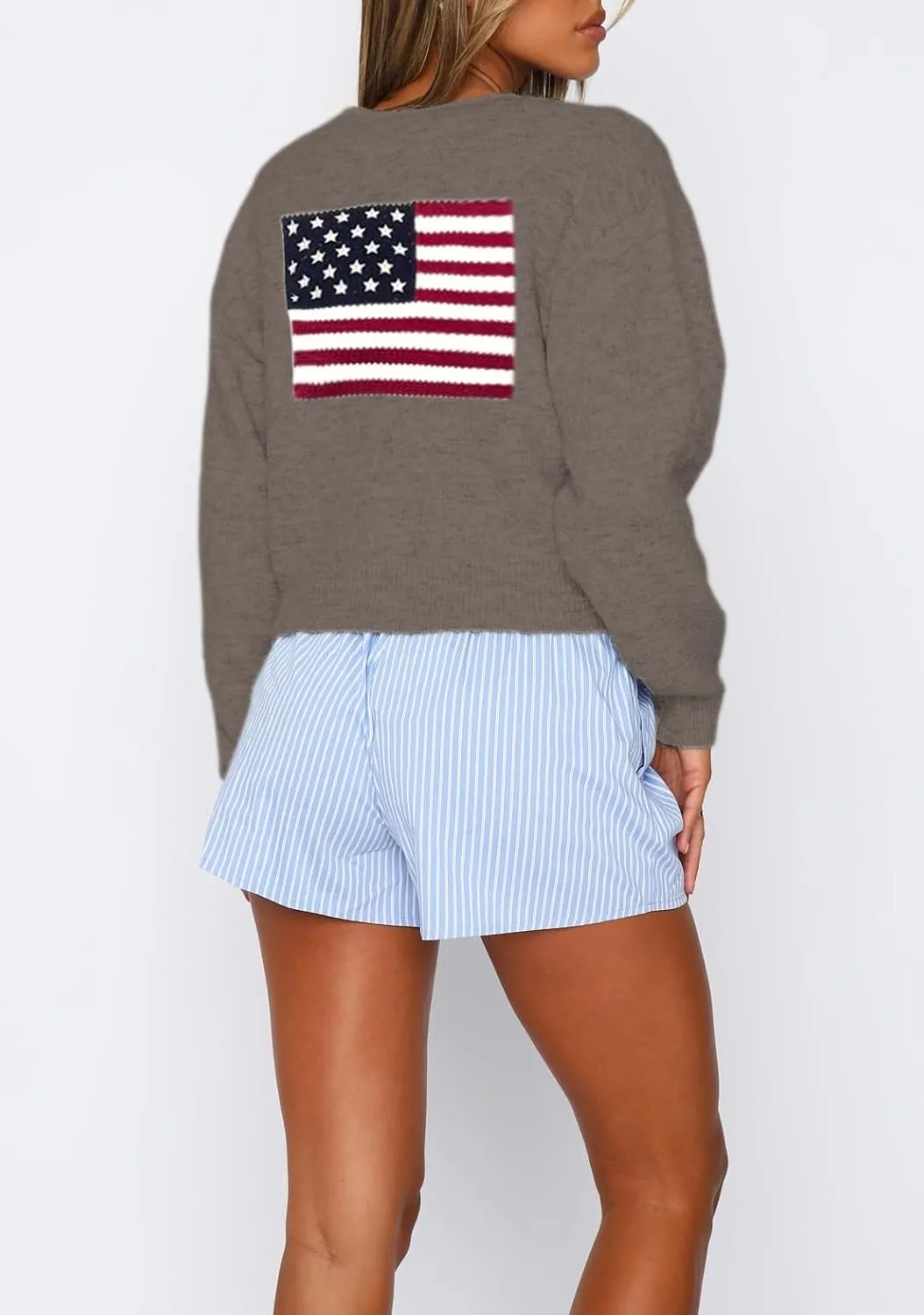 Women American Flag Knit Sweater Cardigan 4th of July USA Flag Star Stripe Button Up Cropped Cardigans
