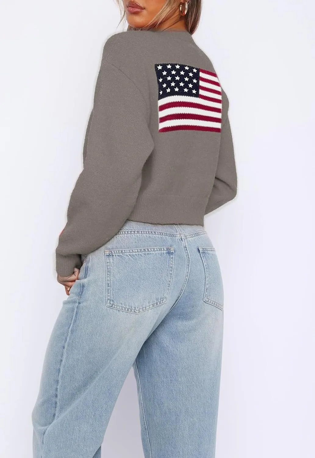 Women American Flag Knit Sweater Cardigan 4th of July USA Flag Star Stripe Button Up Cropped Cardigans